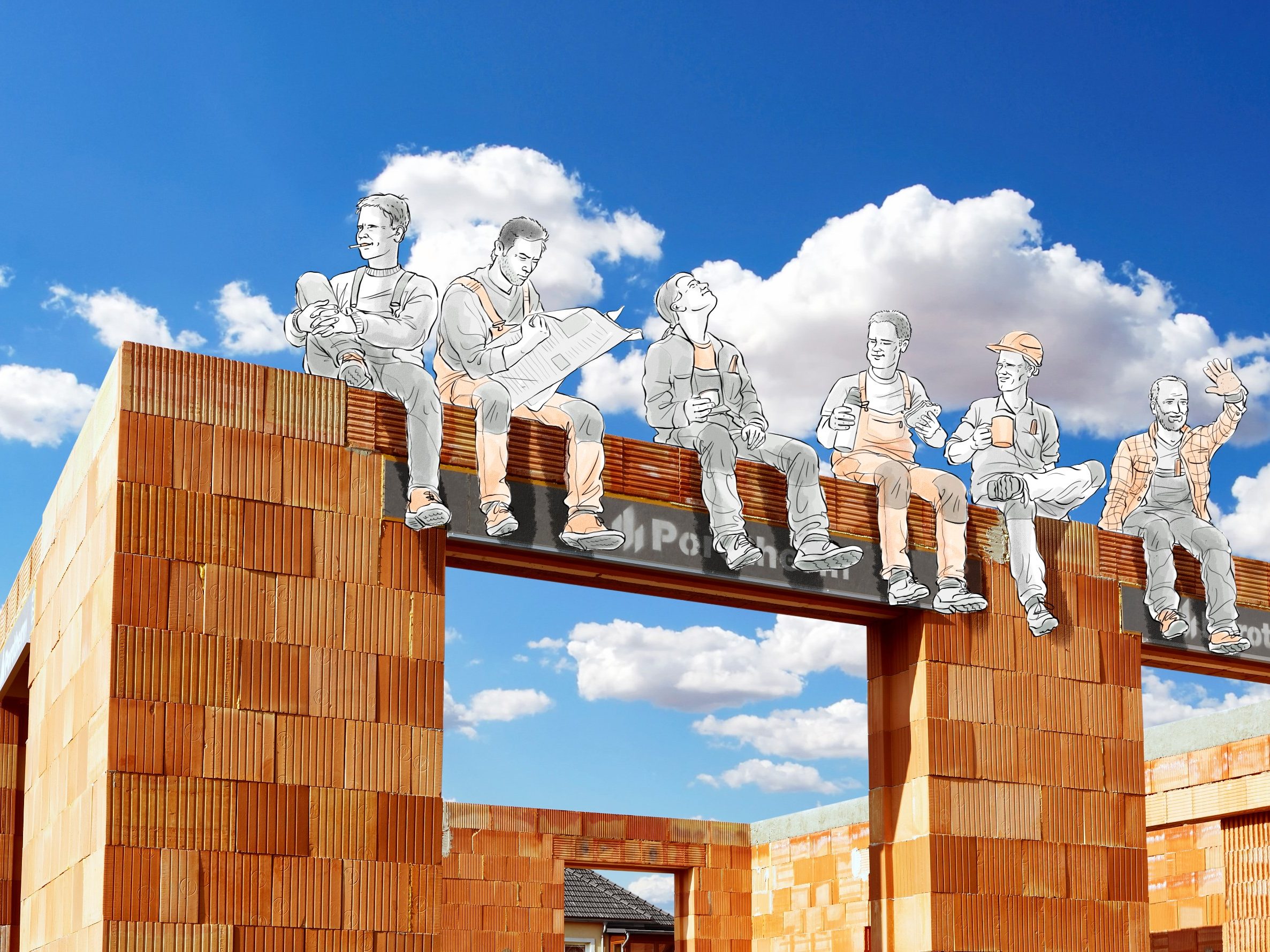 Kalendář 2019 image fotografie - oběd v oblacích - cihla - nebe - dělníci - pauza -svačina - modré nebe